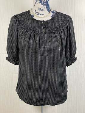 Express Women's Black and White Polka Dot Smocked Puff Sleeve Blouse Size S